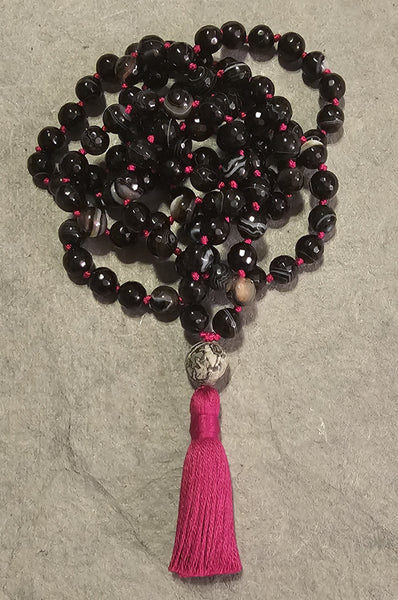 Centering Mala - Black Banded Agate (faceted)