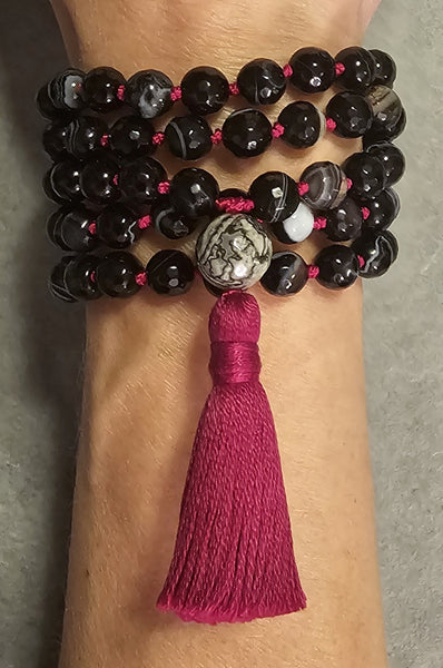 Centering Mala - Black Banded Agate (faceted)