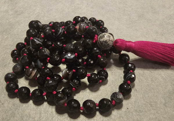 Centering Mala - Black Banded Agate (faceted)