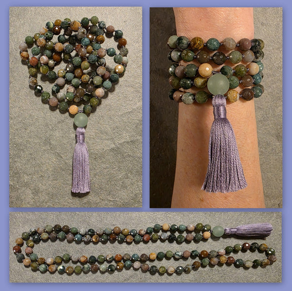 Nurturing and Empowerment Mala - Indian Agate Bloodstone (Faceted)